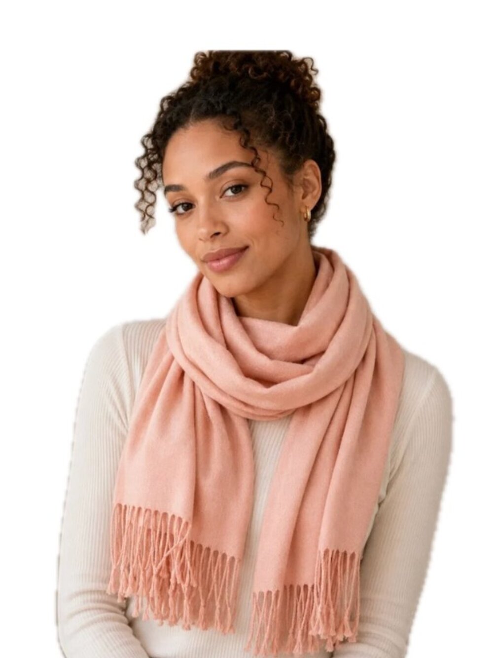 Pennucci Pashmina Solid Light Peach Coral Cashmere Silk Blend Fringe Ends NEW